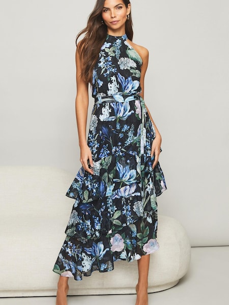 Lipsy Blue Floral Petite Printed Tiered Halter Midi Dress (L52393) | € 45