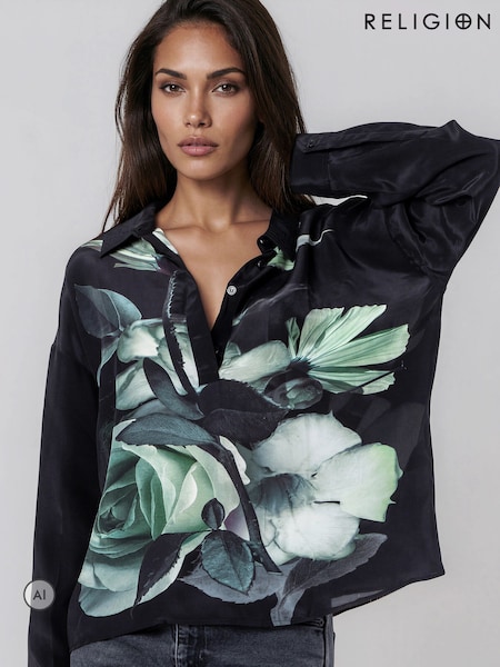 Green - Religion Lauren Large Floral Print Shirt In Easy Fit