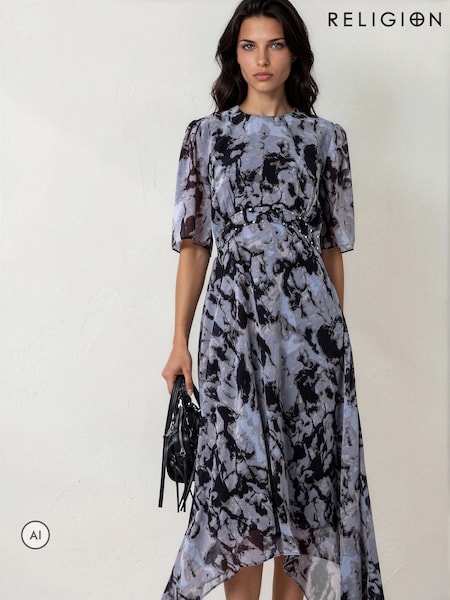 Pelēks - Religion Solstice Tea Desk To Dinner Dress With Crew Neck Print