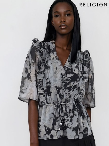 Grey Solvent Print - Religion Evie Ruffle Blouse With Tie Waist