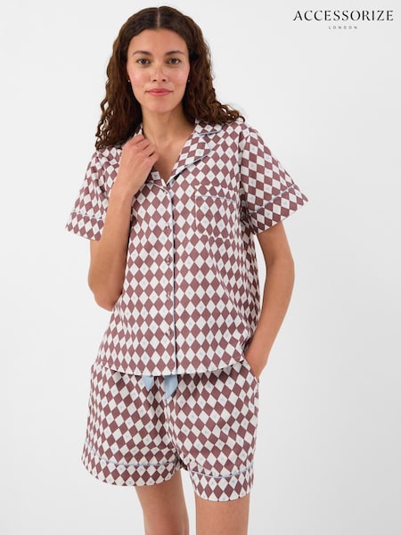 Brown - Accessorize Diamond Print Short Pyjama Set