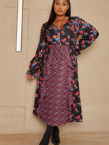 Chi Chi London Black Multi Curve Long Sleeve Plunge Floral Printed Midi Dress (L71472) | €44