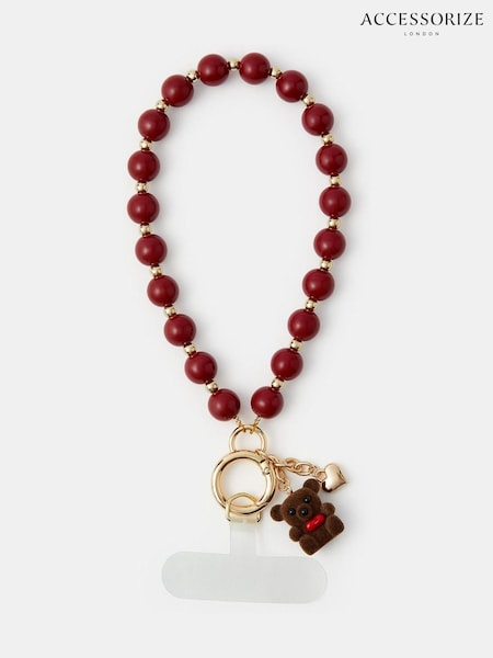 Red - Accessorize Teddy Beaded Wrist Phone Strap