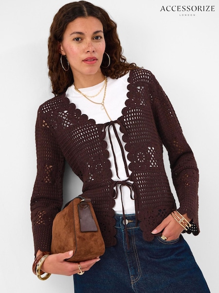Brown - Accessorize Crochet Tie Front Cardigan