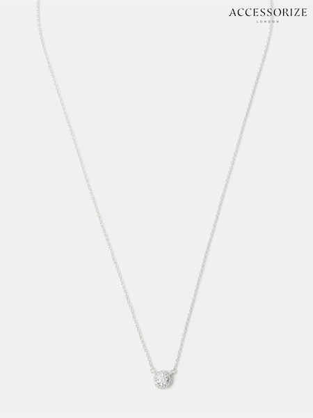 925 Sterling Silver - Accessorize Halo Stone Pendant Necklace
