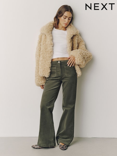 卡其绿色 - Corduroy Patch Pocket Bootcut Trousers