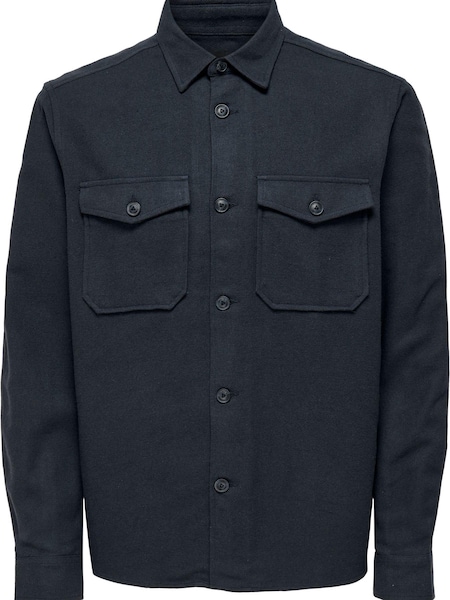 Only & Sons Dark Navy Regular Fit Button Up Long Sleeve Flannel Overshirt (L83425) | €30.50