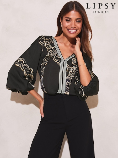 Lipsy Black Print V Neck 3/4 Puff Sleeve Print Top (L84307) | €15