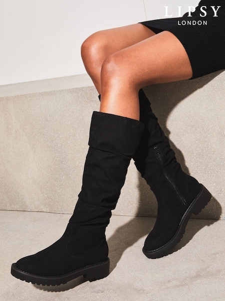 Lipsy Black Flat Ruched Chunky Knee High Boot (L84976) | €23