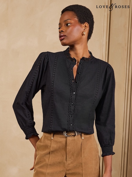 Black - Love & Roses 3/4 Sleeve Broderie Jersey Shirt