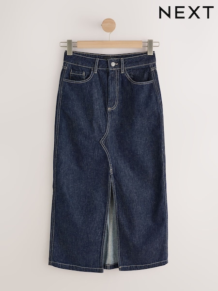 Indigo Rinse Blue - Split Front Maxi Denim Skirt