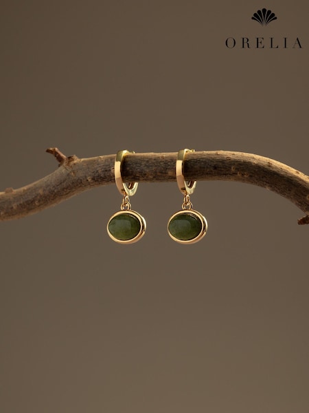Gold Tone - Orelia London Semi-precious Green Jade Micro Hoop Earrings