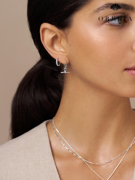 Silver Tone - Orelia London Dainty T-bar Knot Hoop Earrings