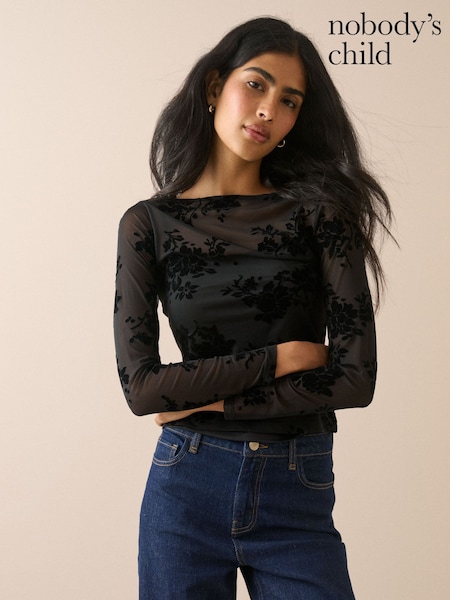 Black - Nobodys Child Slash Neck Devore Top