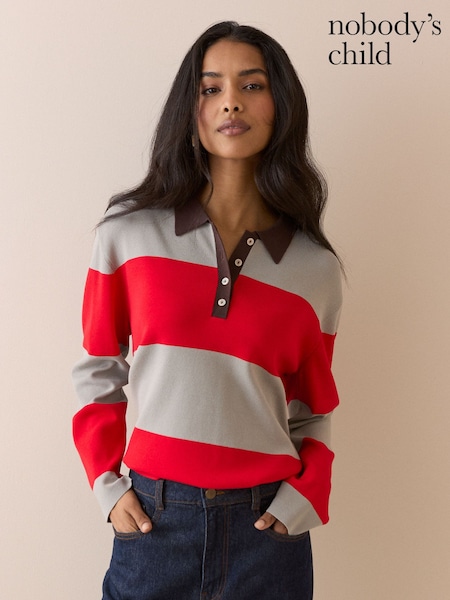 Red - Nobodys Child Full Needle Knit Polo Shirt