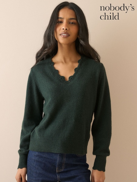 أخضر - Nobodys Child Crochet Trim V-neck Jumper