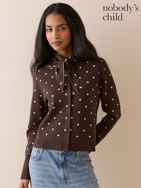 White - Nobodys Child Polka Dot Jacquard Cardigan With Neck Tie