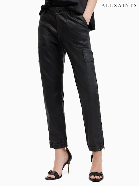 AllSaints Black Nola Coated Trousers (M02476) | $127