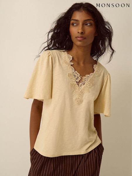 Yellow - Monsoon Layla V-neck Lace Jersey Top