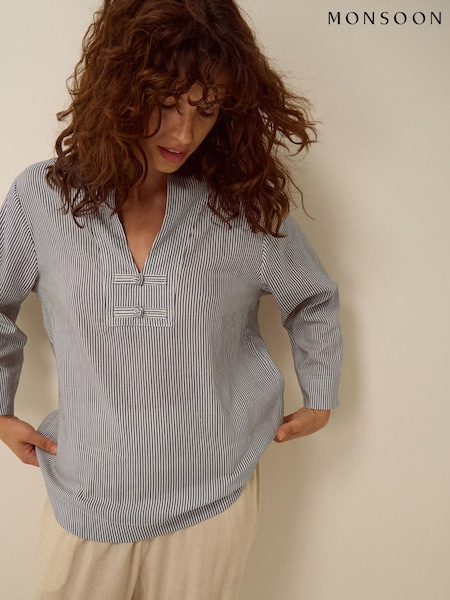 Zils - Monsoon Alexa svītrainais lina maisījuma tops