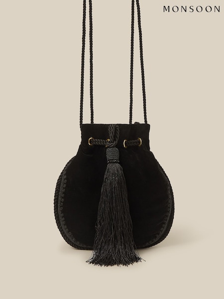 Black - Monsoon Hope Tassel Velvet Pouch Bag