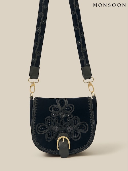 Blue - Monsoon Dori Embroidered Velvet Saddle Cross-body Bag