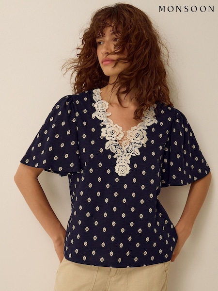 Blue - Monsoon Janey Printed Jersey Top