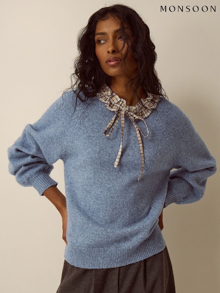 Blau - Monsoon Corie Check Ruffle Collar Jumper