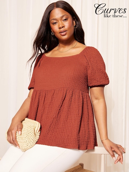 Curves Like These Red Textured Square Neck Peplum Top (M02871) | €12.50