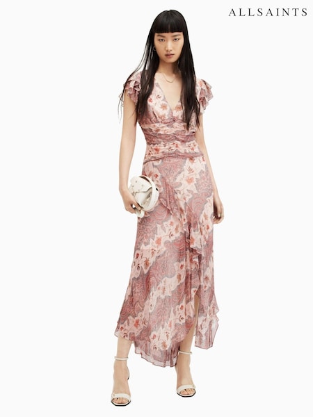 AllSaints Pink Brea Cascade Dress (M02981) | 740 QAR