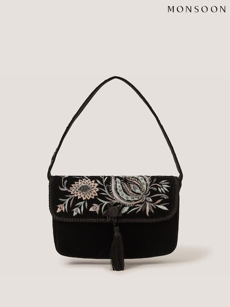 Black - Monsoon Osha Embroidered Velvet Shoulder Bag