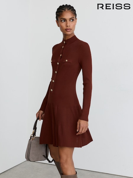 Rust - Reiss Erin Rib-knit Half-button Mini Dress