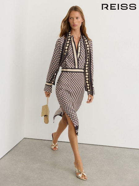 Bleumarin/Auriu - Reiss Yara Scarf-print Tie-neck Midi Dress