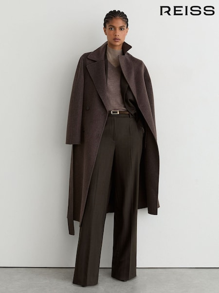 بني - Reiss Dawson Wool-blend Herringbone Wide-leg Trousers