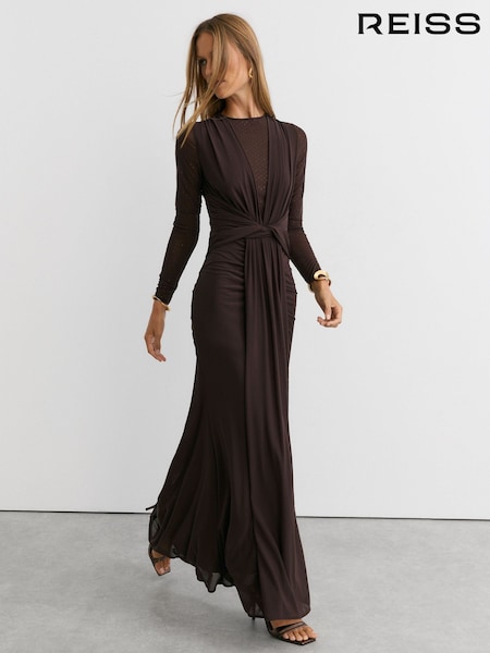 Marron chocolat - Reiss Tess Crystal-detail Mesh Draped Maxi Dress