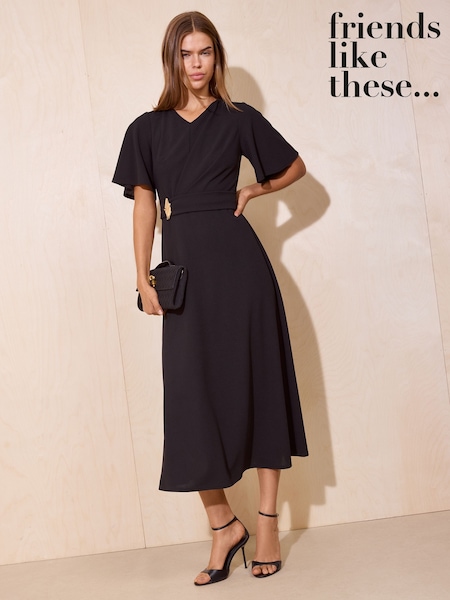 Black - Friends Like These Flutter Sleeve Ruched Hardware Midi Dress