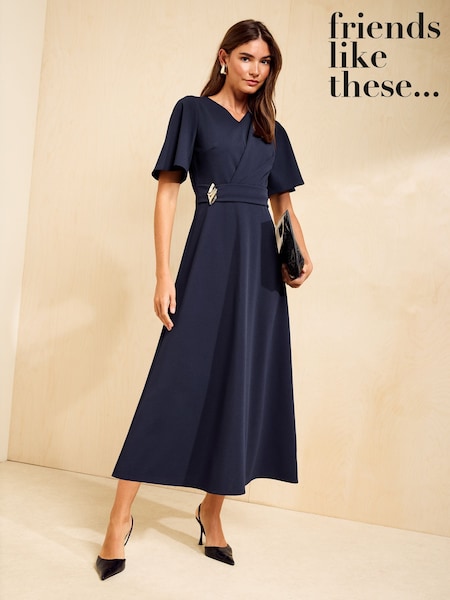 Red - Friends Like These Flutter Sleeve Ruched Hardware Midi Dress