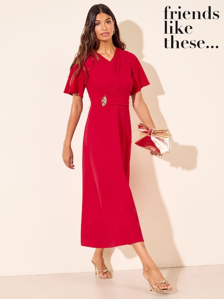 Black - Friends Like These Flutter Sleeve Ruched Hardware Midi Dress