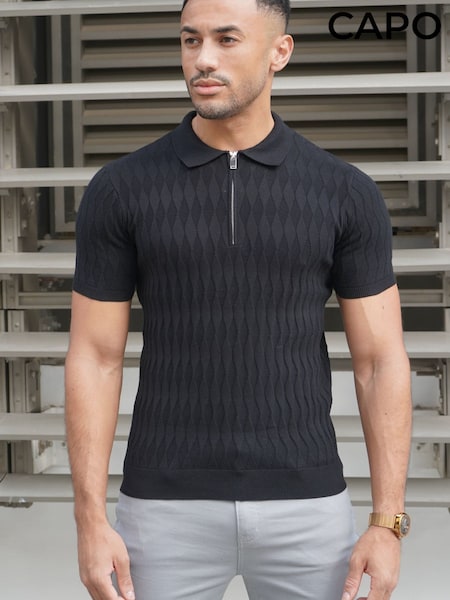 Schwarz - Regular Capo Egyptian Cotton Diamond Zip Polo Shirt