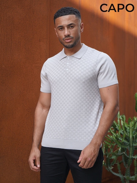 Grey - Regular Capo Woven Panel Knit Polo Shirt