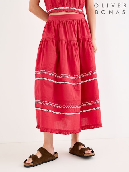 Red - Oliver Bonas Embroidered Tiered Midi Skirt