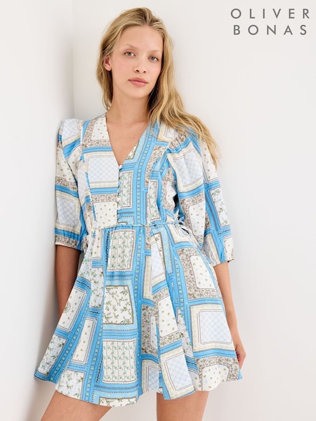 Көк - Oliver Bonas Floral V-neck Mini Dress