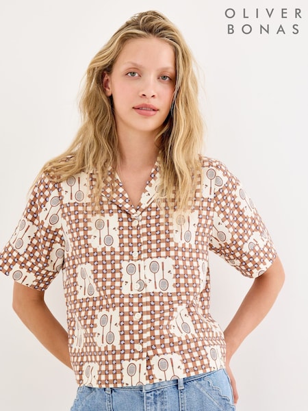 Braun - Oliver Bonas Gingham Badminton Print Short Sleeve Shirt
