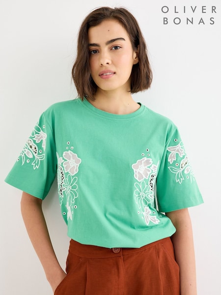 ירוק - Oliver Bonas Floral Embroidered T-shirt