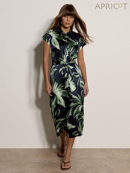 Blue - Apricot Tropical Leaf Satin Shirt Midi Dress