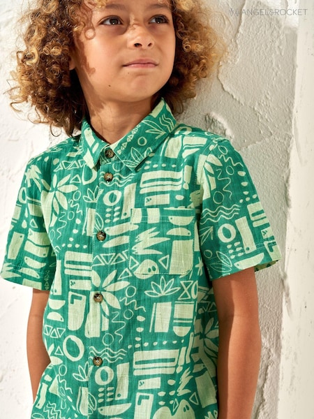 Angel & Rocket Green Bau Printed Holiday 100% Cotton Shirt (M06359) | €9 - €11