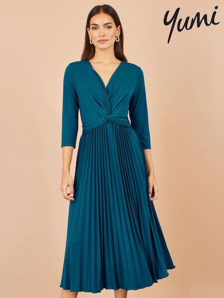 Blue - Yumi Stretch Wrap Pleated Midi Dress