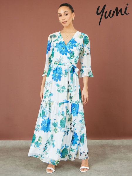 أبيض - Yumi Floral 3/4 Sleeve Wrap Maxi Dress