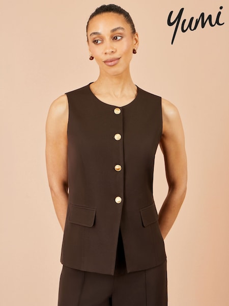 Brown - Yumi Long Line Button Wasitcoat Top