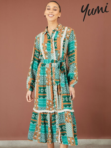 Blue - Yumi Patchwork Viscose Midi Shirt Dress